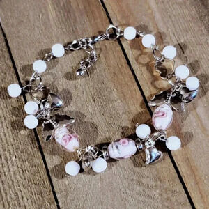 Vintage Murano Glass Beads White Silver Charm Bracelet Style E